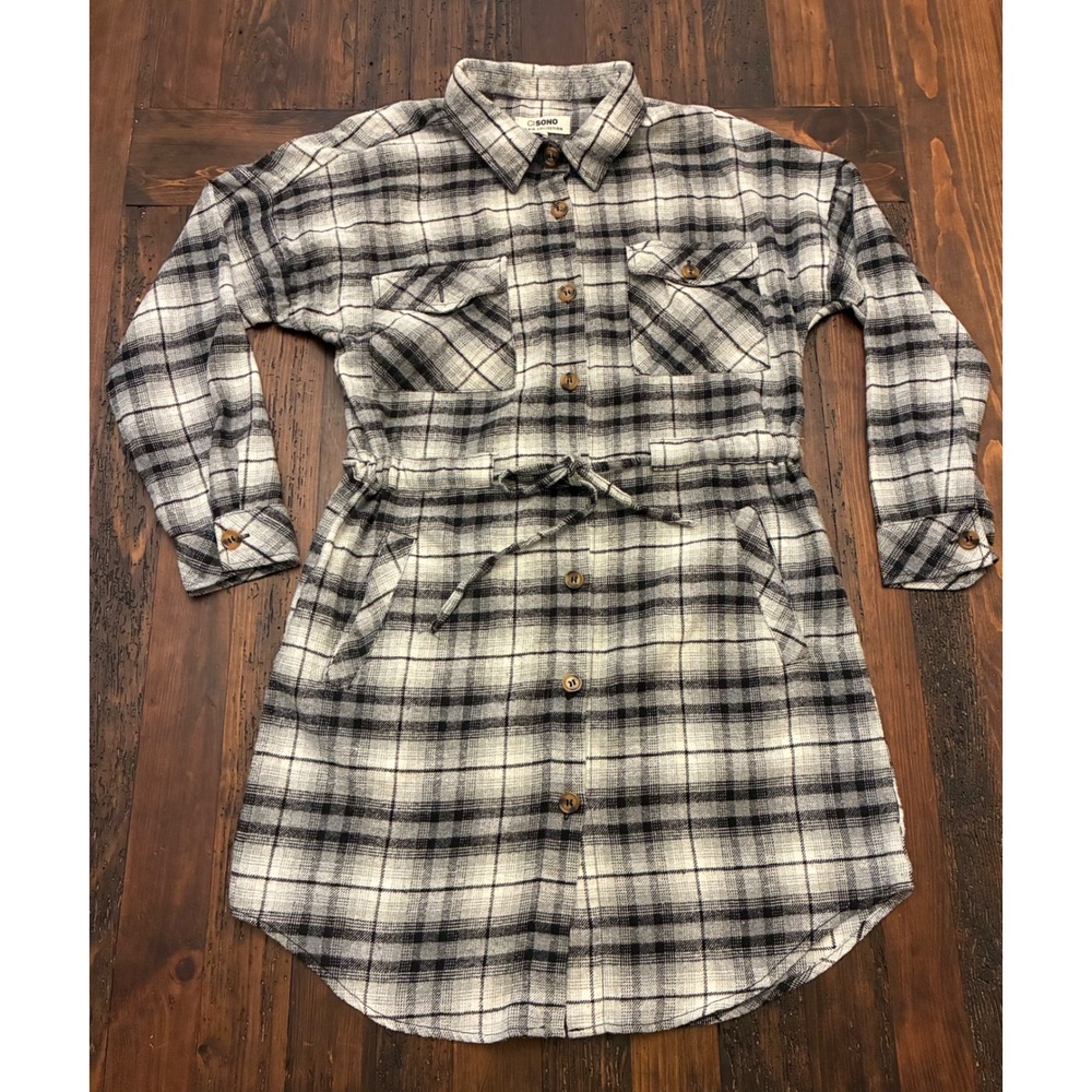 CiSono Black  Flannel White Plaid Tunic Shirt Dress Pockets Women's Size Medium
